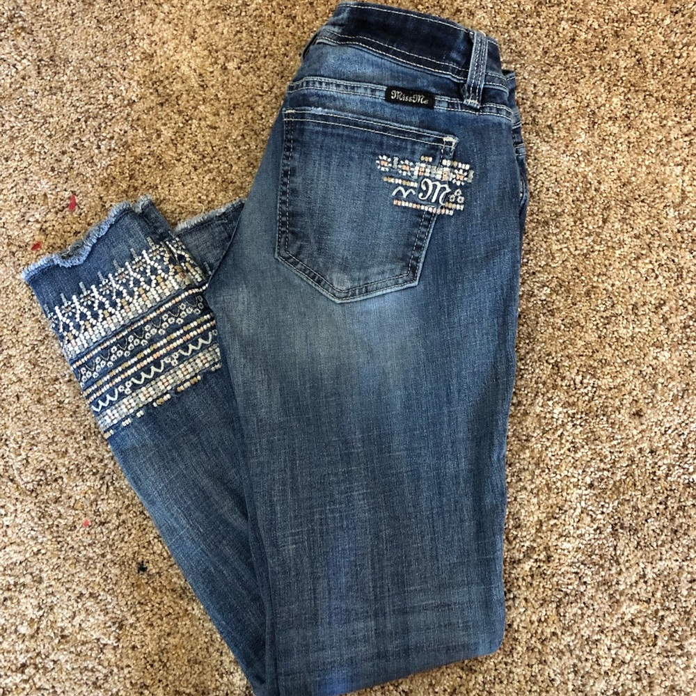 Miss Me Dark Blue Cropped Jeans with Embroidered & Crystal Cuff